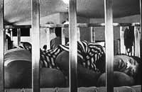 Little boy in cage like crib