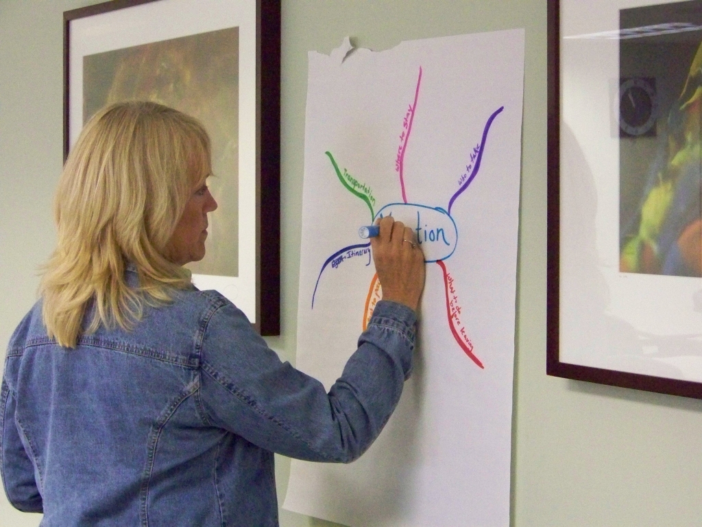 Woman writes on paper on wall during workshop
